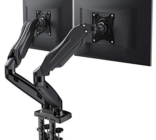 Dual Arm Monitor Mount - Adjustable Gas Spring Desk Mount VESA Bracket with C Clamp/Grommet Mounting Base for 17 to 27 Inch Computer Screens - Each Arm Holds 4.4 to 14.3lbs