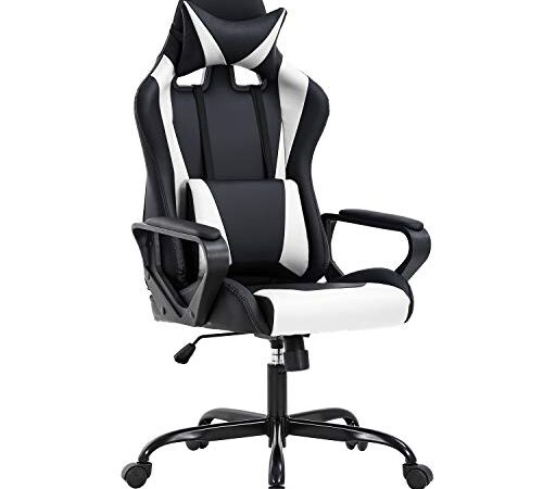 Ergonomic Office Chair, High-Back White Gaming Chair with Lumbar Support PC Computer Chair Racing Chair PU Task Desk Chair Ergonomic Executive Swivel Rolling Chair for Back Pain Women, Men (White)