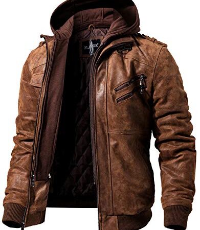 FLAVOR Men's Leather Jacket with Removable Hood Brown Suede Pigskin (Large, Brown)