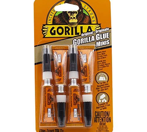 Gorilla Glue Original Minis Four Pack, 100% Waterproof, Indoor & Outdoor, Polyurethane Glue, Versatile Bonding Adhesive, Easy Application Nozzle, 4 - 3g Tubes (Pack of 1), 5100502