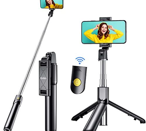 Gritin Selfie Stick, 3 in 1 Bluetooth Selfie Stick Tripod, Extendable and Portable Selfie Stick with Detachable Wireless Remote & Stable Tripod Stand, Compatible with iPhone/Galaxy/Huawei, etc.