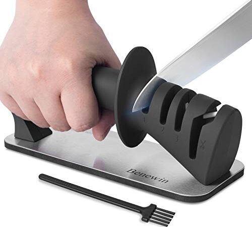 Knife Sharpener- 3-Stage Knife Sharpener Helps Repair,Restore and Polish Blades,Sharpens Dull Knives Fast,Safe and Easy to Use- Slot Cleaning Brush Included,Black