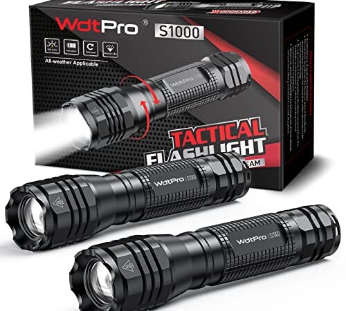 LED Flashlights 2 Pack, WdtPro S1000 Super Bright Tactical Flashlights, High Lumens, 3 Modes, Zoomable, Waterproof Flash Light for Outdoor Camping Accessories, Emergency Gear