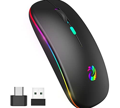 LED Wireless Mouse, Rechargeable Slim Silent Mice 2.4G Portable Office Optical Mouse with USB Receiver and Type-C Adapter, 3 Adjustable DPI for Laptop, Computer, PC, Notebook, Desktop