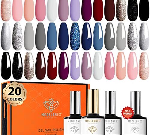 Modelones 24 Pcs Gel Nail Polish Kit, 20 Colors Pink Blue Glitter Nail Polish Gel with Bond Primer Glossy & Matte Top Coat Base Coat Starter Kit Soak Off LED Manicure Gift for Women DIY Home Salon