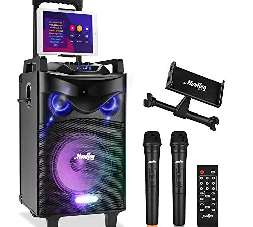 Moukey Karaoke Machine Speaker,540W Peak Power Bluetooth 5.0 Karaoke System-PA Stereo W/ 10in Subwoofer,DJ Lights,2 Microphone,1 Tablet Holder,Rechargeable,Recording,MP3/USB/SD(RMS 160W - 540W Peak)