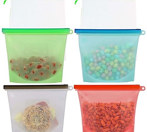 Reusable Silicone Bags (Set of 4, 1L Silicone Bags) with 2 Reusable Produce Bags