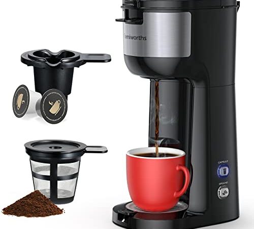 Single Serve Coffee Maker for K Cup and Ground Coffee, 6 to 14 Oz Brew Sizes, Fits Travel Mug, Mini One Cup Coffee Maker with Self-cleaning Function (Black)