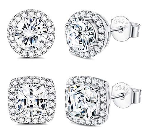 Sllaiss 925 Sterling Silver Cubic Zirconia Halo Stud Earrings for Women Round & Square Cut CZ Earrings Set, Sterling Silver Plastic Cubic Zirconia Platinum