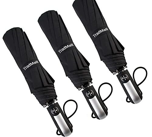 TradMall 3 Pack Travel Umbrella Windproof Portable 46 Inches Large Canopy Auto Open & Close, Black