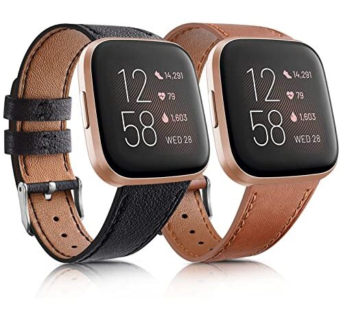 Vancle Leather Bands for Fitbit Versa 2 / Fitbit Versa/Versa Lite/Versa SE, Top Grain Leather Band Replacement Wristbands Straps for Fitbit Versa 2 Smart Watch Women Men