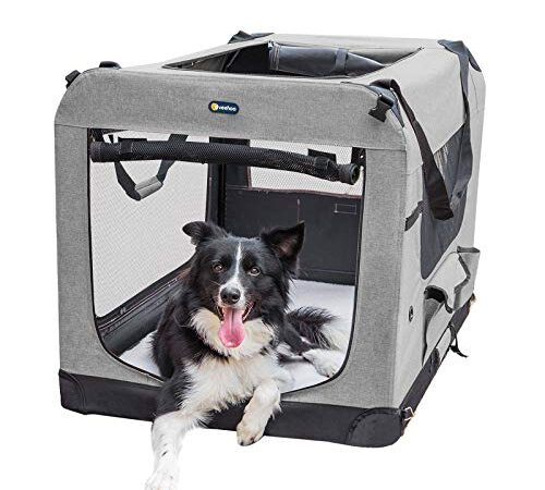 Veehoo Folding Soft Dog Crate, 3-Door Pet Kennel for Crate-Training Dogs, 5 x Heavy-Weight Mesh Screen, 600D Cationic Oxford Fabric, Indoor & Outdoor Use, 32 inch, Gray