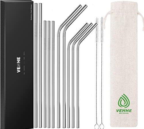 VEHHE Reusable Metal Straws,10Pcs 10.5" Stainless Steel Drinking Straws with Case and Cleaning Brush for 20/30 Oz for Yeti RTIC SIC Ozark Trail Tumblers (5 Straight|5 Bent|2 Brush)