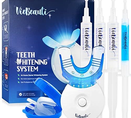 VieBeauti Teeth Whitening Kit - 5X LED Light Tooth Whitener with 35% Carbamide Peroxide, Remineralizing Gel and Tray Case - Built-in 10 Minute Timer Restores Your Gleaming White Smile