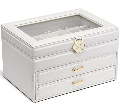 Vlando Jewelry Box for Girls Women, Glass Lid Jewelry Organizer with 2 Drawers for Valentines Day Gifts, Large 3 Layer Jewelry Storage for Necklaces Rings Earrings Bracelets Watches(White)