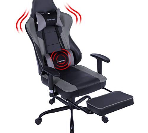 VON RACER Massage Gaming Chair High Back Racing PC Computer Desk Office Chair Swivel Ergonomic Executive Leather Chair with Footrest and Adjustable Armrests Grey