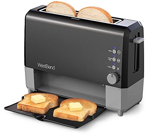 West Bend 77224 QuikServe Slide Through Wide Slot Toaster with Cool Touch Exterior & Removable Crumb Tray, 2-Slice, Black