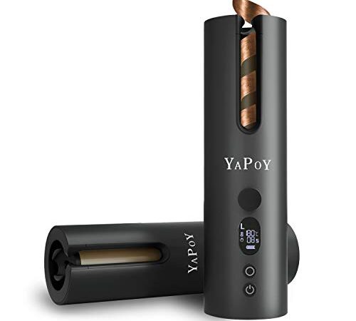 YAPOY Wireless Hair Curler Auto Curling Iron Tongs Electric Rotating with Battery Heat Isolating Chamber LCD Display Temperature Control & Timer Settings Gray