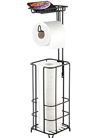 ZCCZ Toilet Paper Holder Stand with Reserve, Free Standing Toilet Roll Stand Toilet Paper Tissue Stand Include Cell Phone Shelf, Portable Toilet Paper Dispenser for Bathroom Storage, Matte Black