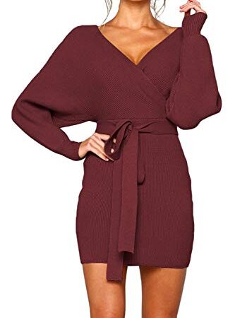 Zonsaoja Women's Sweater Dress Sexy V Neck Long Sleeve Backless Wrap Knitted Mini Dresses Burgundy S