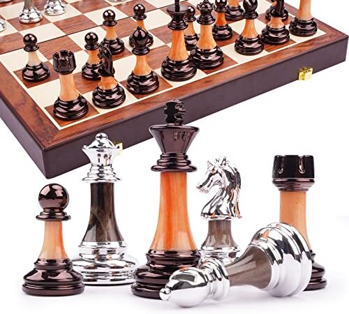 15" Metal Chess Sets for Adults Kids Folding Wooden Chess Board Travel Chess Sets with Zinc Alloy Acrylic Chess Pieces & Portable Board Game Gift – Metal Staunton Chess Pieces, & Storage Box