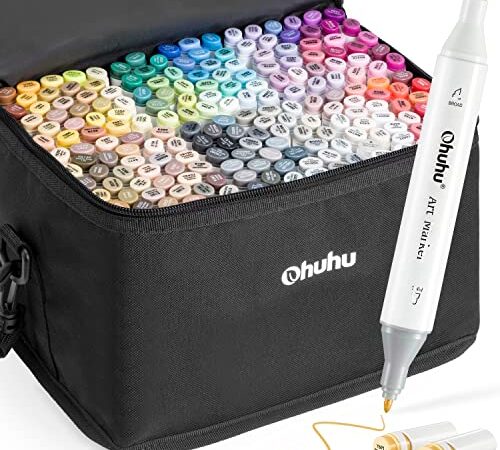 200 Colors Alcohol Art Markers Set, Ohuhu Dual Nibs Fine & Chisel Coloring Marker Pens for Kids, Alcohol-based Drawing Markers for Adult Colouring w/ 1 Colorless Marker Blender Pen Gift