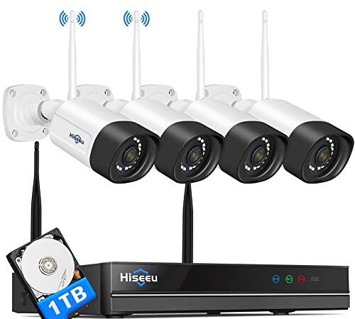 【2K,Two Way Audio】 Hiseeu Wireless Security Camera System,1TB Hard Drive,4Pcs 3MP Cameras 8Channel NVR,Mobile&PC Remote,Outdoor IP66 Waterproof,Night Vision,Motion Alert,Plug&Play,7/24/Motion Record…