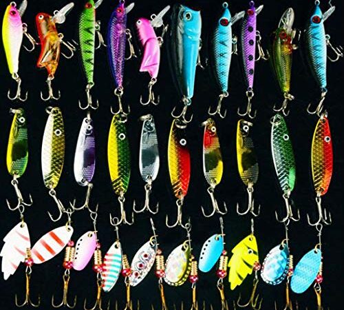 30PCS Fishing Lures Set with Sharp Fishing Hooks SpinnerBait Lure Set Mixed Colorful Mental Spoon Hard Minnow Lures Spinner baits Pikes Trout Lures Fishing Hooks Tackle Box Kit