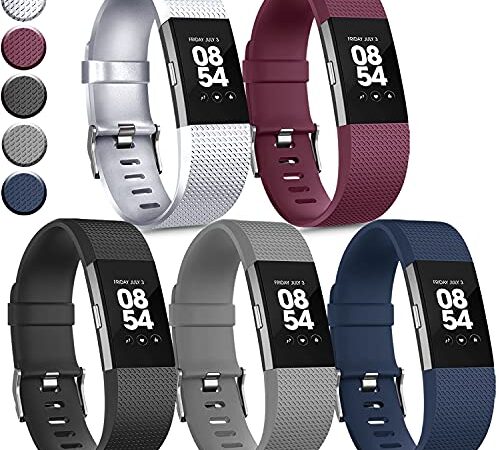 5 PACK Sport Bands Compatible with Fitbit Charge 2 Bands for Women Men, Classic Adjustable Soft Silicone Strap Replacement Wristbands for Fitbit Charge 2 Band (Silver+Wine Red+Black+Gray+Navy Blue, Small)