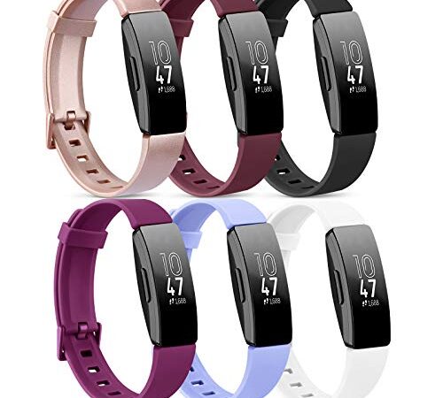 [6 Pack] Bands Compatible with Fitbit Inspire HR & Fitbit Inspire 2 & Fitbit Inspire & Fitbit Ace 2 Fitness Tracker for Women Men, Soft Silicone Bands Replacement for Fitbit Inspire 2 Bands (Rose gold/Wine red/Black/White/Lavender/Fuchsia, Small)