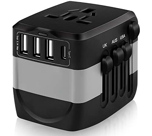 AceChef Travel Adapter All-in-One Worldwide Power Adapter w/ 4 USB+1 Universal AC Outlet+1 Spare Fuse for Phone Camera Hair Dryer and More Electronics in EU UK AU US 150+ Countries (Type C/G/I/A)