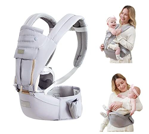 Baby Carrier with Hip Seat, Baby Carrier Newborn to Toddler, Baby Hip Seat Carrier for 7 -66lbs, All Seasons Baby Holder Carrier, All Position.(Light Grey)