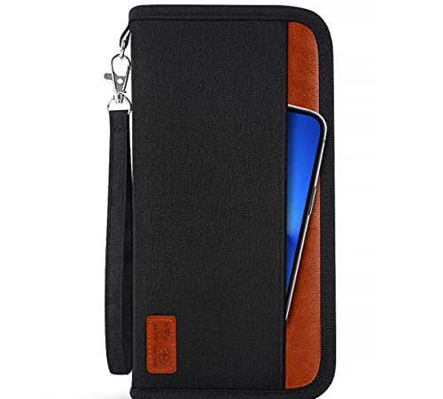 BKNOOU Passport Holder Family Waterproof Travel Wallet for Men Women RFID Blocking Passport Wallet Organizer with Wrist Strap Travel Document Holder for Cards Airline Tickets Money Coins Keys