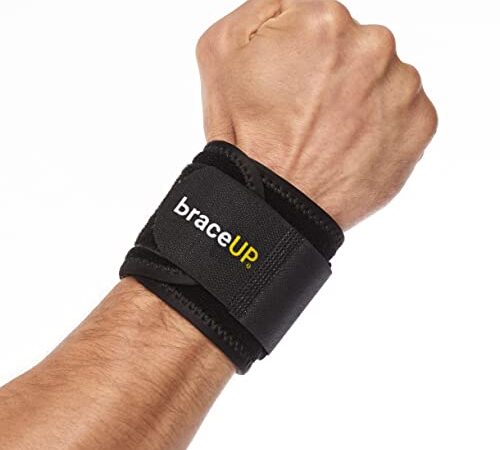 BraceUP Wrist Compression Strap, Wrist Wrap - Wrist Band, Brace for Tendonitis, Tennis, Gym, Workout, One Size Adjustable (Black)