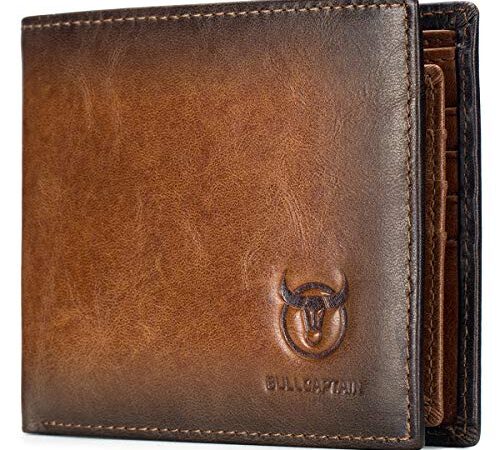 BULLCAPTAIN RFID Wallets for Men Slim Bifold Genuine Leather Front Pocket Wallet with 2 ID Windows QB-05, Brown, Small, Retro