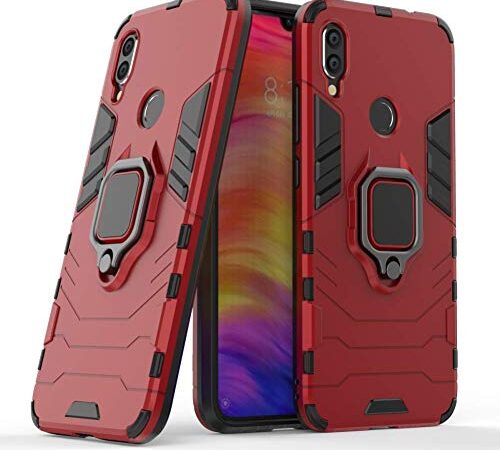 Compatible with Redmi Note7 (Pro) Case, Metal Ring Grip Kickstand Shockproof Hard Bumper (Works with Magnetic Car Mount) Dual Layer Rugged Cover for Xiaomi Redmi Note 7, Redmi Note 7 Pro (Red)