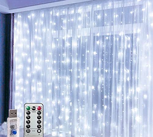 Curtain Fairy Lights, Window Twinkle Lights Christmas Decorations, 300 Led USB 8 Modes Fairy Lights for Bedroom, Icicle String Light W/ Remote & Timer for Indoor Wedding Xmas Party Decoration(White)