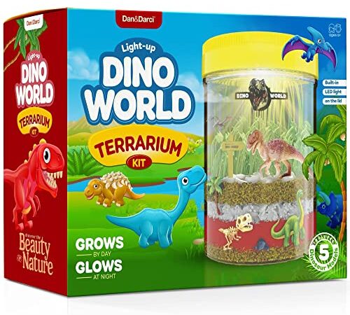 Dino World Terrarium Kit for Kids - LED Light in Lid - Dinosaur Toys for Boys & Girls Age 3, 4, 5, 6, 7, 8+ Year Old Boy and Girl Gifts - Dinosaur Garden + Toy Dinosaurs - STEM Science DIY Craft Kits