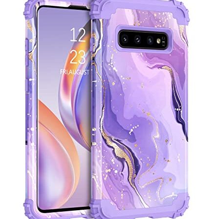 DUEDUE Samsung Galaxy S10 Case, Marble Pattern Glitter Gold Heavy Duty Cover Shockproof Hard PC Soft Silicone Rubber Hybrid 3 Layers Drop Protective Phone Cases for Samsung S10, Purple