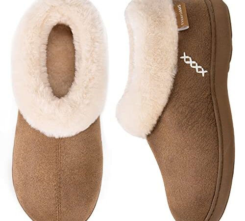 EverFoams Women's Micro Suede Memory Foam Slippers with Fluffy Faux Fur Collar and Indoor Outdoor Rubber Sole ( Tan, Size 7-8 M US )