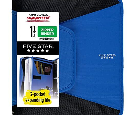 Five Star Zipper Binder, 1-1/2 Inch 3-Ring Binder with 3-Pocket Expanding File, 500 Sheet Capacity, Blue (72202)