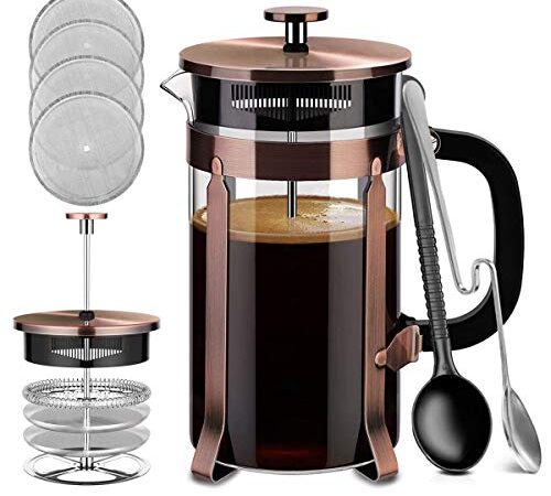 French Press, Premium 8 Cup 34-Ounce No Grounds Coffee Tea Maker, 4 Level Filtration System & Extra 4 Filters Screen, 2 Spoons for Measuring and Mixing, Stainless Steel, Heat-Resistant Borosilicate Glass