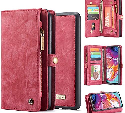 Galaxy A70 Wallet Case,Bpowe Zipper Purse Leather Shockproof TPU Bumper Detachable Magnetic Flip Case with Card Slots Stand Holder Case for Samsung Galaxy A70 (Red)