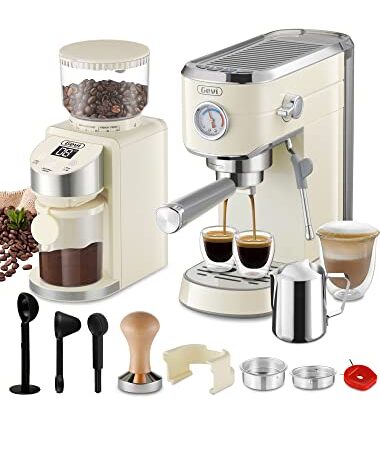 Gevi 20 Bar Compact Professional Espresso Coffee Machine with Milk Frother for Espresso, Latte and Cappuccino with Gevi Burr Coffee Grinder with 35 Precise Grind Settings, Beige