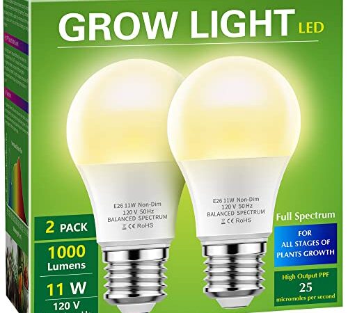 Grow Light Bulbs, Briignite LED Grow Light Bulb A19 Bulb, Full Spectrum Grow Light Bulb, Plant Light Bulbs E26 Base, 11W Grow Bulb 100W Equivalent, Grow Light for Indoor Plants, Seed Starting, 2 Pack