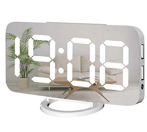 Miowachi Digital Alarm Clock,Large Mirrored LED Clock,Snooze,Dim Night Light 2 USB Charger Ports Desk Alarm Clocks for Bedroom Decor (White)