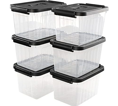 Rinboat 6 L Plastic Clear Storage Bin Box with Black Lid and Black Handles, Pack of 6