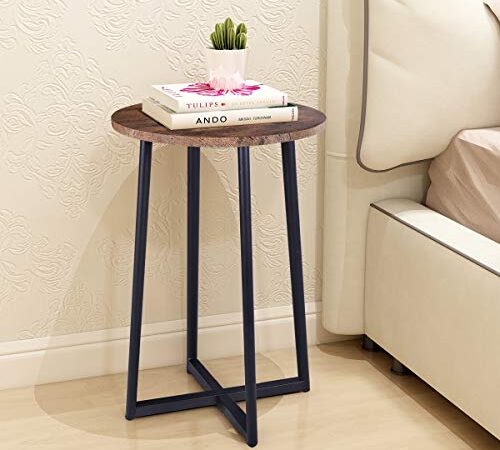 Round Accent Table Side Table End Coffee Tables Modern Nightstand with Brown Finish Wood Look and Black Metal Frame for Living Room Bedroom Balcony Family and Office