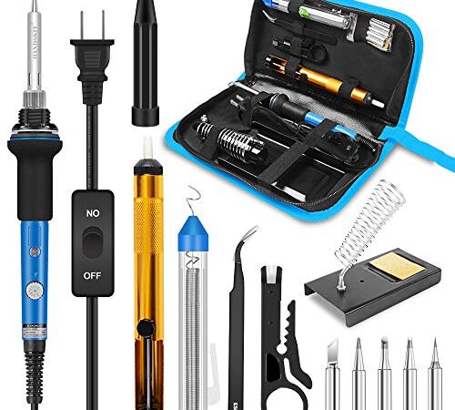 Soldering Iron, Soldering Iron Kit Electronics, 60W Adjustable Temperature Welding Tool, 5pcs Soldering Iron Tip, Soldering Iron Stand, Desoldering Pump, Tweezers, Solder Wire, Carry Bag