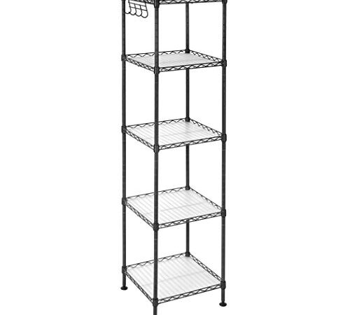 SONGMICS Bathroom Shelf, Storage Rack for Small Space, Total Load Capacity 220 lb, 11.8 x 11.8 x 48.6 Inches, with 5 PP Sheets, Removable Hooks, Extendable Design, Black and Translucent ULGR23BK